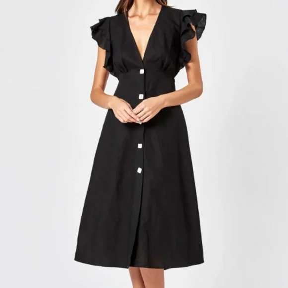 Charlie Holiday Cherry Womens Linen Flutter Sleeve Midi Dress, Black